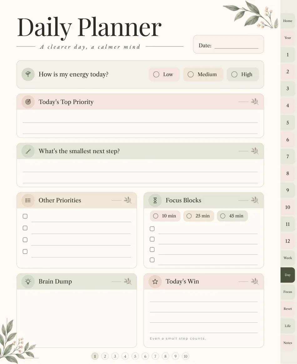Digital daily planner page with tabs